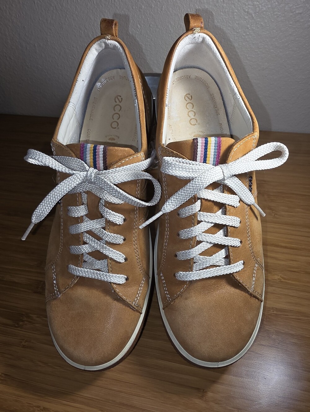 Ecco Women's Tan Suede Lace-Up Sneakers with White Laces and Striped Tongue